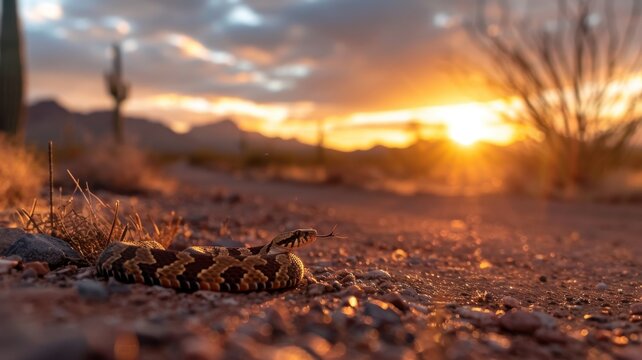 Rattlesnake in Desert: A western diamondback rattlesnake coiled on red desert sand. Reptile. Wildlife. Snakes.