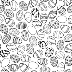  Hand drawn seamless pattern with Easter eggs decorated with various ornaments: lines, dots, flowers and geometric elements. Light background emphasizes the elegance of the pattern.