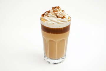 Indulging in sumptuous espresso coffee topped with creamy whipped cream and delightful flavor on a clean white backdrop