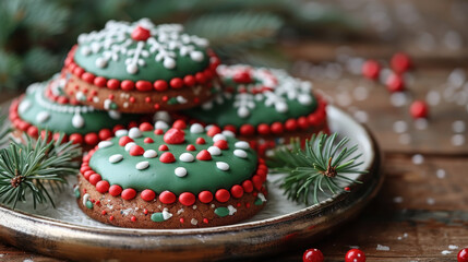 Delight in festive spirit with these beautifully decorated Christmas cookies featuring green icing, red beads, and intricate designs, perfect for holiday celebrations