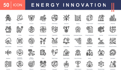 Icons for Energy Innovation, covering solar, wind, hydropower, green energy, smart grids, sustainability, carbon emission reduction, and future technologies. Perfect for clean energy projects.