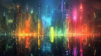 Obraz premium Stunning futuristic cityscape illuminated at night with a dazzling display of colorful lights reflections and skyscrapers reaching up to the sky creating a vibrant dynamic