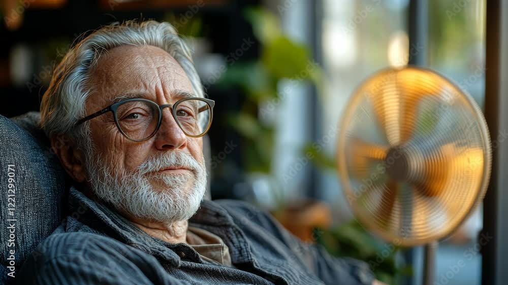 Poster man with glasses is sitting in a chair with a fan in front of him. he is tired and is looking at the