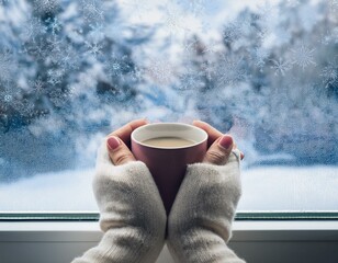 Generated image A pair of hands holding a warm drink by a frosty window with snow outside
