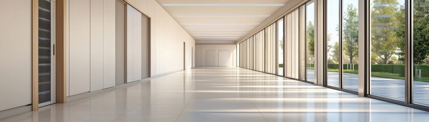 Obraz premium A modern corridor featuring large windows, smooth flooring, and natural light, creating a spacious and inviting atmosphere.