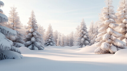 A snow-covered pine forest under a clear winter sky.