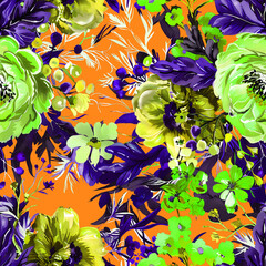 Vibrant seamless floral pattern with colorful flowers, leaves, and berries on a green background. Perfect for textiles, wallpapers, and digital designs. Botanical elegance in a seamless design.
