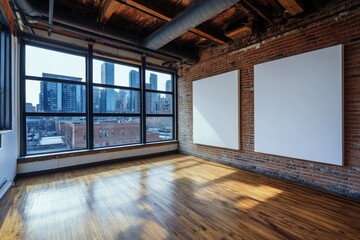Sunlit loft interior with exposed brick walls, hardwood floors, large windows, and blank canvases.