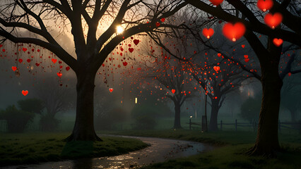 A serene, romantic landscape on Valentine&rsquo;s Day, with a cascade of red heart-shaped raindrops falling through soft, diffused sunlight. Heart-shaped lanterns gently swing from tree branches.