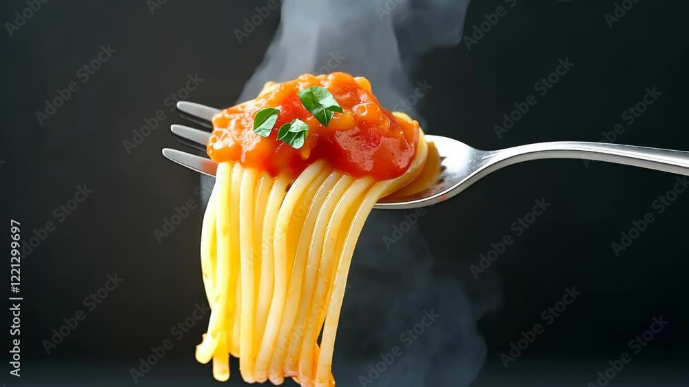 Poster fork with a piece of spaghetti on it with a sauce on top. the sauce is red and it looks like it's st
