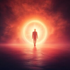Human figure walking through a portal glowing with divine energy