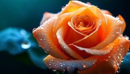 dew covered orange rosebud close up