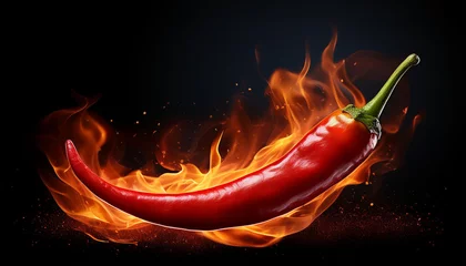 Plexiglas schilderij Hete pepers fiery red chili pepper engulfed in flames on black  © JamesS