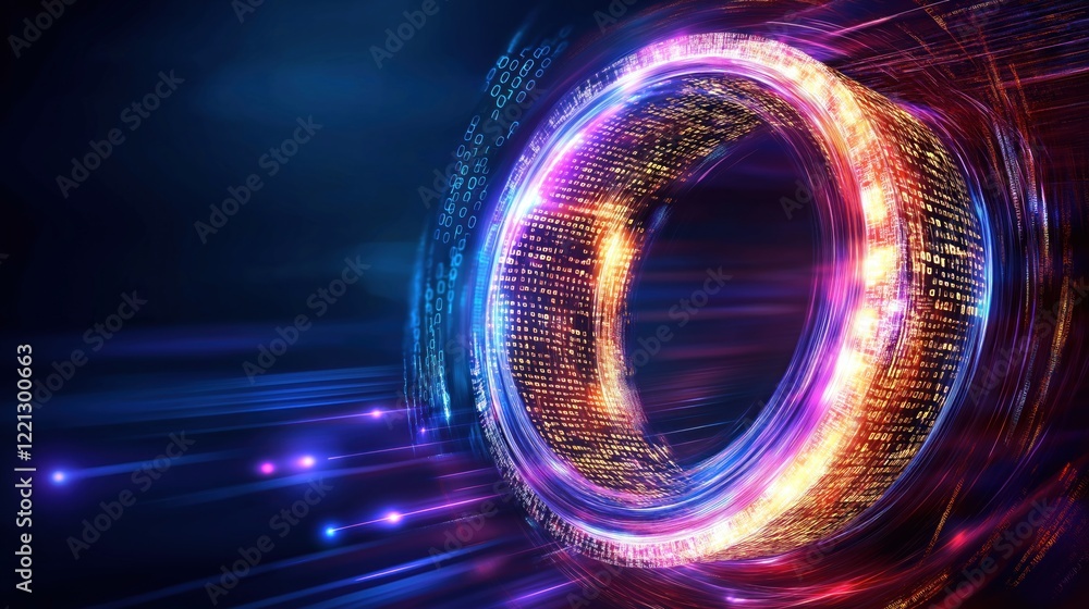 Poster digital vortex appears with vibrant light trails and flowing binary code, creating a captivating effect in a futuristic space bathed in neon colors and dark tones
