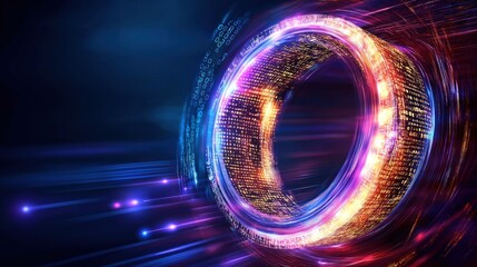 digital vortex appears with vibrant light trails and flowing binary code, creating a captivating effect in a futuristic space bathed in neon colors and dark tones