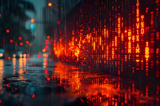Digital matrix code in glowing orange and red colors reflecting on wet surface, creating futuristic cybersecurity concept background for technology and data protection themes.