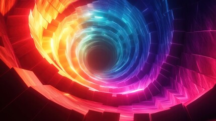 This captivating image showcases a mesmerizing spiral tunnel of vibrant neon lights and prismatic hues evoking a sense of cosmic energy imagination and pure visual enchantment  The swirling