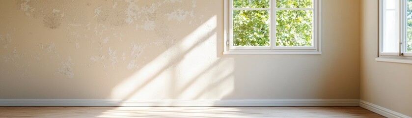 A sunlit, empty room with a window showcasing natural light and a neutral wall color, creating a serene and inviting atmosphere.