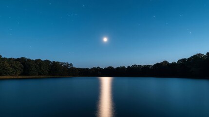 Radiant lake glowing softly with divine light under the light of a celestial moon