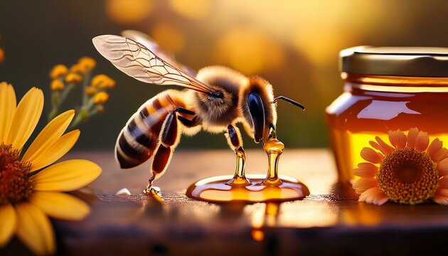A photo of a honeybee hovering over a lavender flower, with a honey jar and dipper