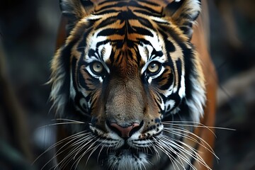 Obraz premium Dramatic close-up portrait of a majestic Sumatran tiger with intense blue eyes, showing detailed facial features against dark background, perfect for wildlife and nature publications.