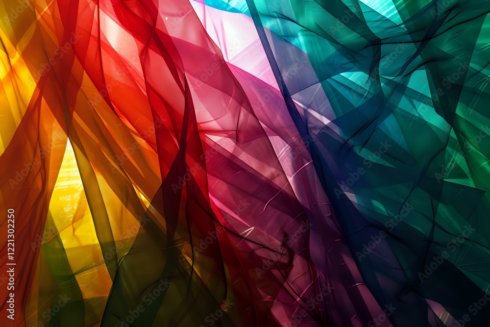 Poster Dynamic abstract background with vibrant rainbow spectrum colors transitioning from yellow and orange through red and purple to turquoise, featuring geometric triangular shapes and transparent layers.