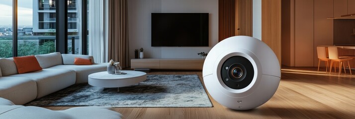 Smart CCTV camera enhances security in modern apartment living room