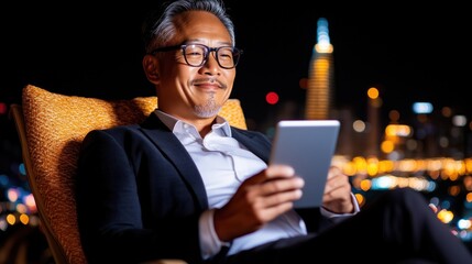 relaxed man sits comfortably in an armchair at night, using a tablet to engage with content while overlooking a vibrant city skyline filled with lights