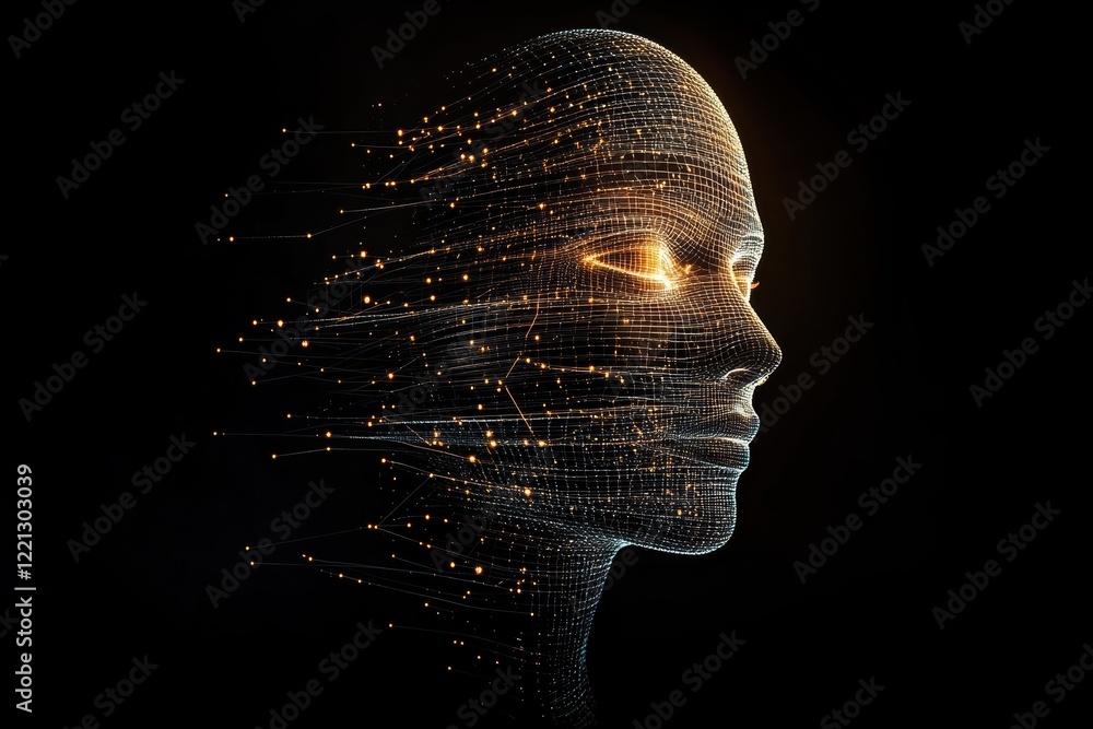 Poster exploring the concept of artificial intelligence represented through a digital human face