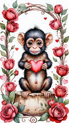 Fototapeta premium portrait of a cute cartoon monkey with a heart.illustration of a monkey on a background with hearts 