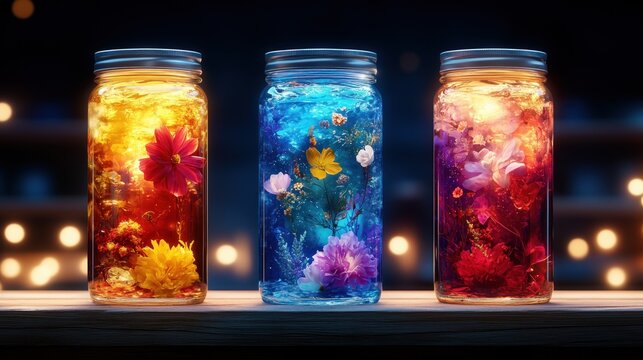 Three mason jars filled with colorful flowers and water are arranged on a wooden table, illuminated by soft lights in a nighttime market setting, enhancing the enchanting ambiance