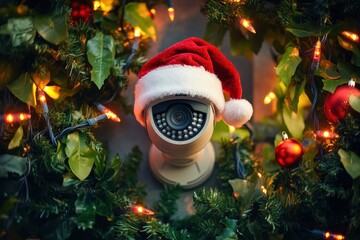 Outdoor security camera decorated with a Santa hat for the holiday season