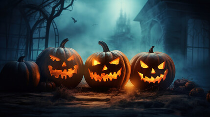 Spooky Halloween Pumpkins in a Dark Night