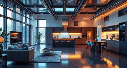 Interior of a living room with open kitchen.