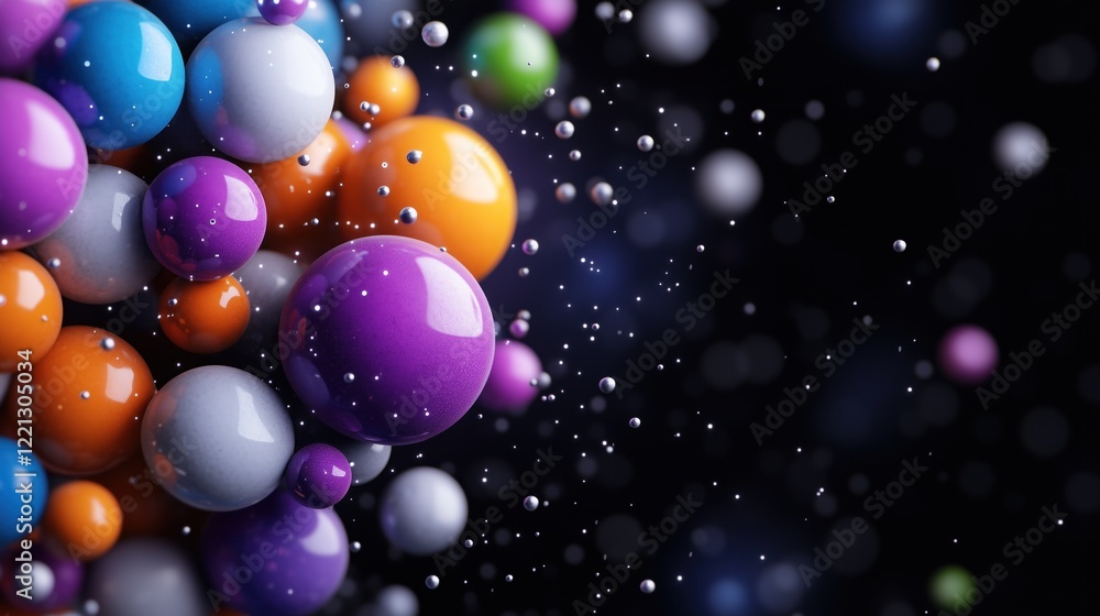 Poster cluster of colorful spheres in various sizes floats in a dark environment, creating a sense of depth