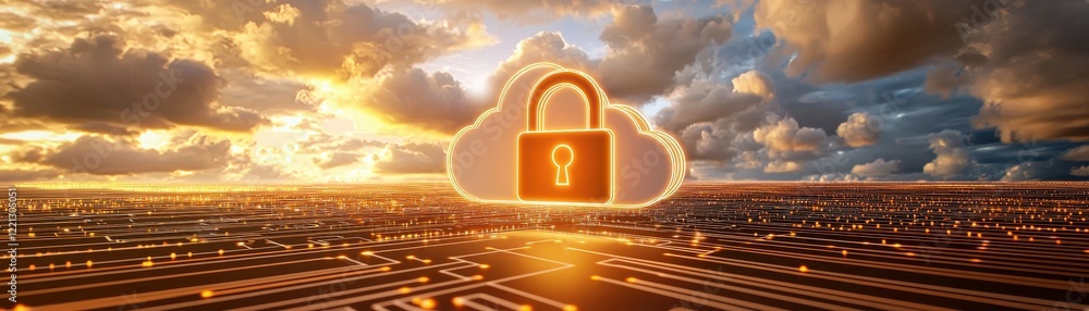 Poster a glowing padlock inside a cloud symbolizing digital security and data protection against a backdrop