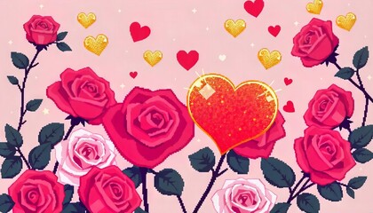 Fototapeta premium Love in Bloom: A vibrant illustration of love, featuring a heart-shaped lollipop nestled amongst a lush bouquet of pink and red roses. Shimmering gold hearts dance in the air.