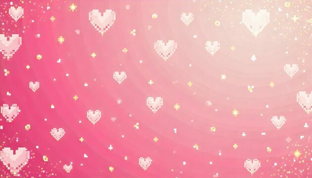 Pink Hearts Background: A delicate and romantic background featuring numerous pixelated hearts scattered across a gradient of soft pink and gold hues, creating a dreamy and magical atmosphere. 