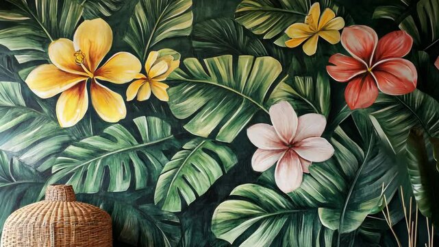 Vibrant tropical mural featuring colorful flowers and lush green leaves in a cozy interior space