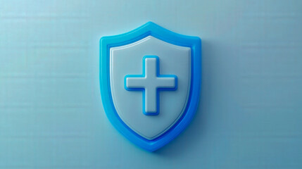 Fototapeta premium 3D illustration of a blue shield with a white medical cross symbol, representing healthcare, protection, and medical safety..