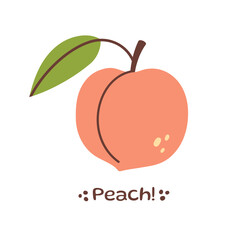 Peach Fruit illustration. Peach icon. Organic vitamins and healthy nutrition. Isolated Peach with green leaf. Flat design, doodle style. Graphic print for t-short. Vector