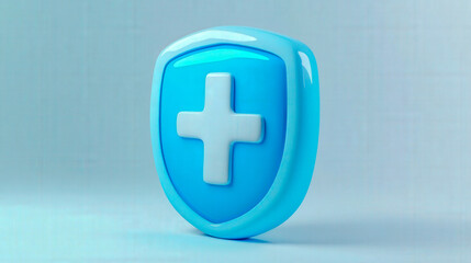 Obraz premium 3D illustration of a blue shield with a white medical cross symbol, representing healthcare, protection, and medical safety..