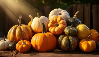 Generated image A pile of assorted squash and pumpkins with rustic textures in warm natural light