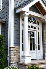 Fototapeta premium Elegant Home Exterior: Modern Design with Classic Columns and Stone Accents. A stunning entrance showcasing architectural details and high-end finishes.