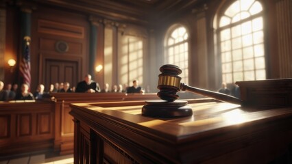 Justice in Session: A Dramatic Courtroom Scene with Gavel and Judge