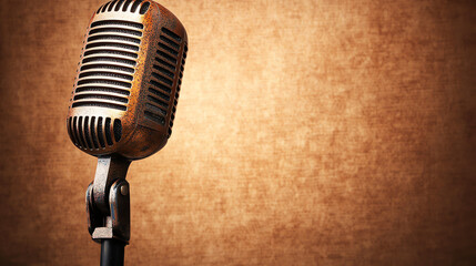 Fototapeta premium Rustic Vintage Microphone with Textured Brown Background