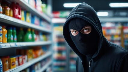 Masked Individual in Grocery Store Aisle: Suspicious and Intense Stare
