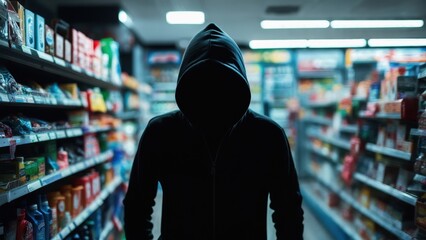 Shadowy Hooded Figure Standing Menacingly in a Grocery Store Aisle