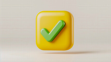 3D illustration of a green checkmark on a bright yellow button, symbolizing approval, success, and task completion in a modern design..
