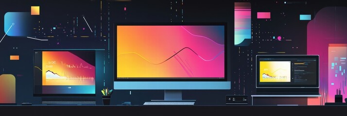 Graphic layouts for advertising showcasing multiple computer screens with vibrant designs